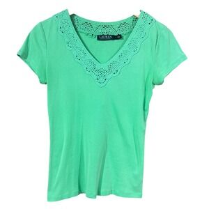 Ralph Lauren Women's Top Short Sleeve Crochet Trim V Neck Tee Stretch Green SZ S
